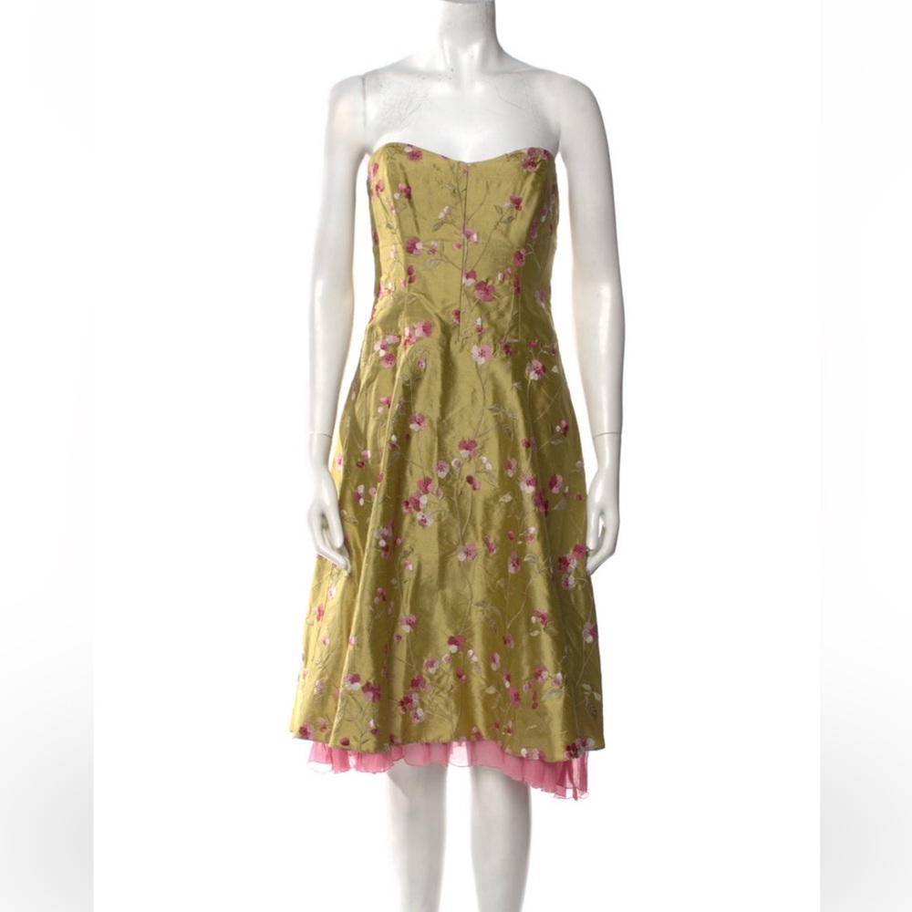 Floral Strapless Dress in Yellow and Pink by nicole miller